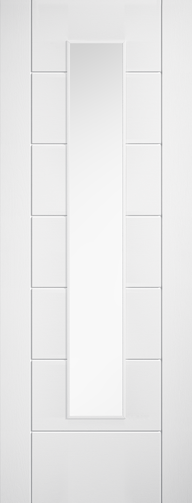 White Laminate Linear 7P Clear Glazed Pre-Finished Door